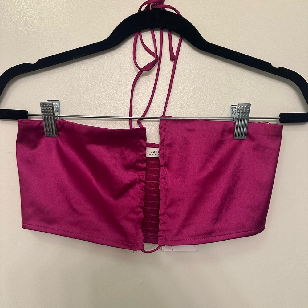 12th Tribe Fuschia Pink Satin Halter Crop Top